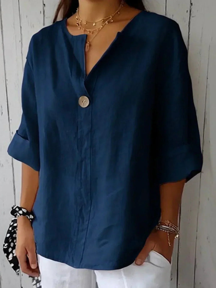 Damen V-Ausschnitt Bluse mit 3/4-Ärmeln lockere Passform Knopfdetail - Navy Blue