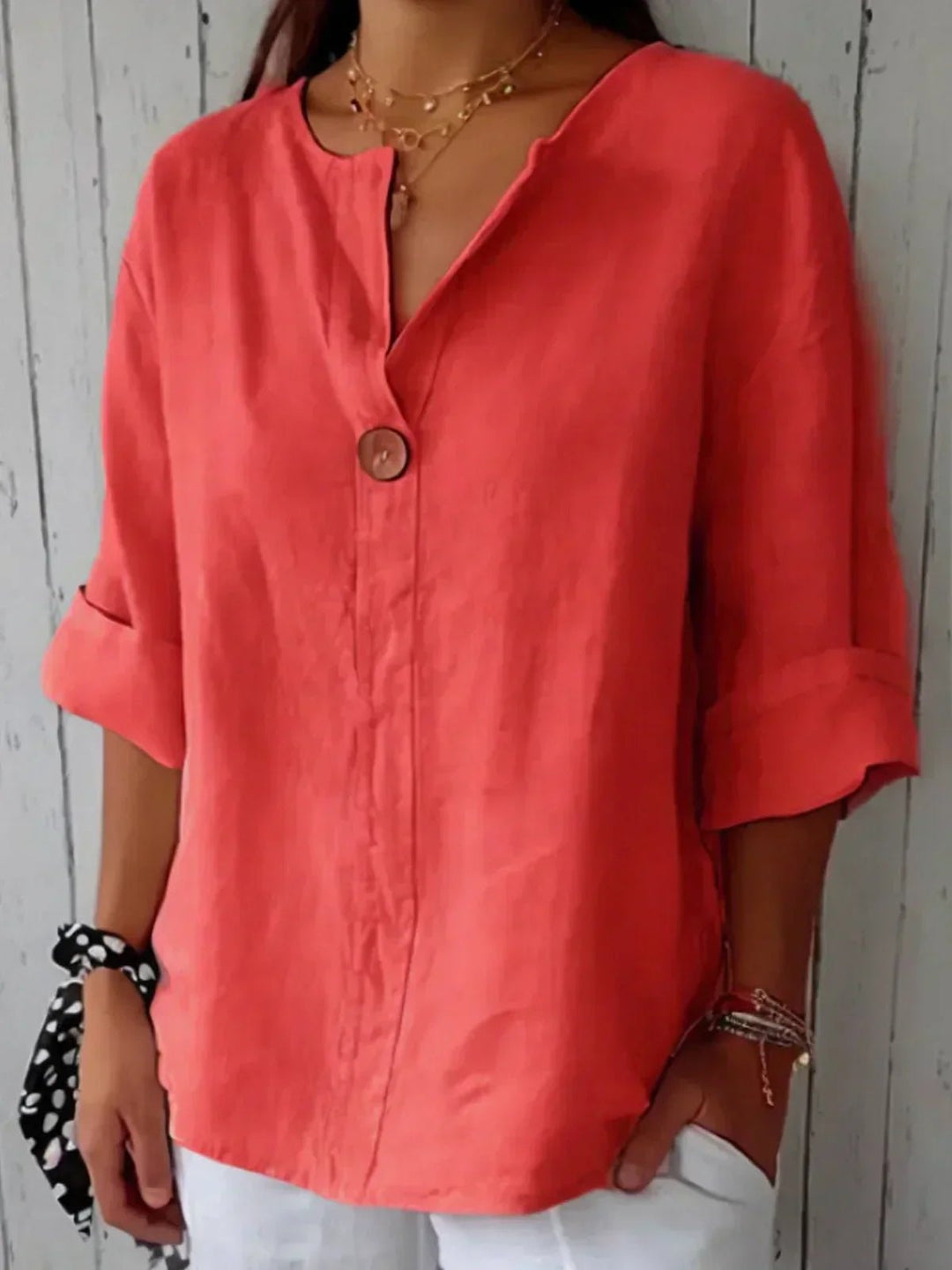Damen V-Ausschnitt Bluse mit 3/4-Ärmeln lockere Passform Knopfdetail - Red