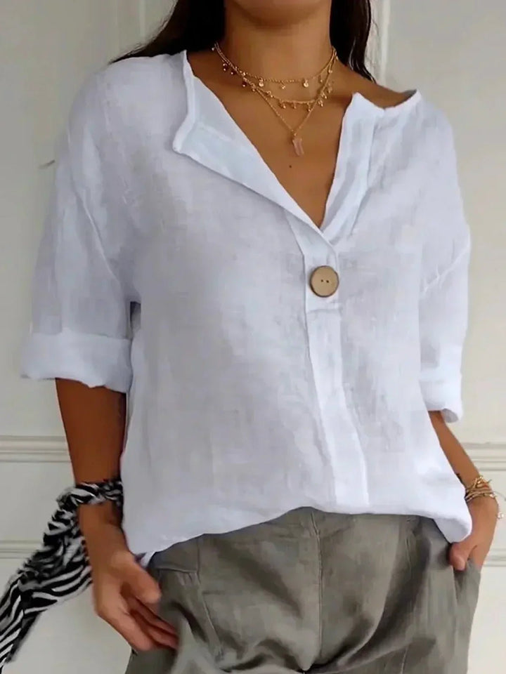 Damen V-Ausschnitt Bluse mit 3/4-Ärmeln lockere Passform Knopfdetail - White