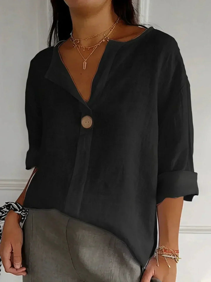 Damen V-Ausschnitt Bluse mit 3/4-Ärmeln lockere Passform Knopfdetail - Black