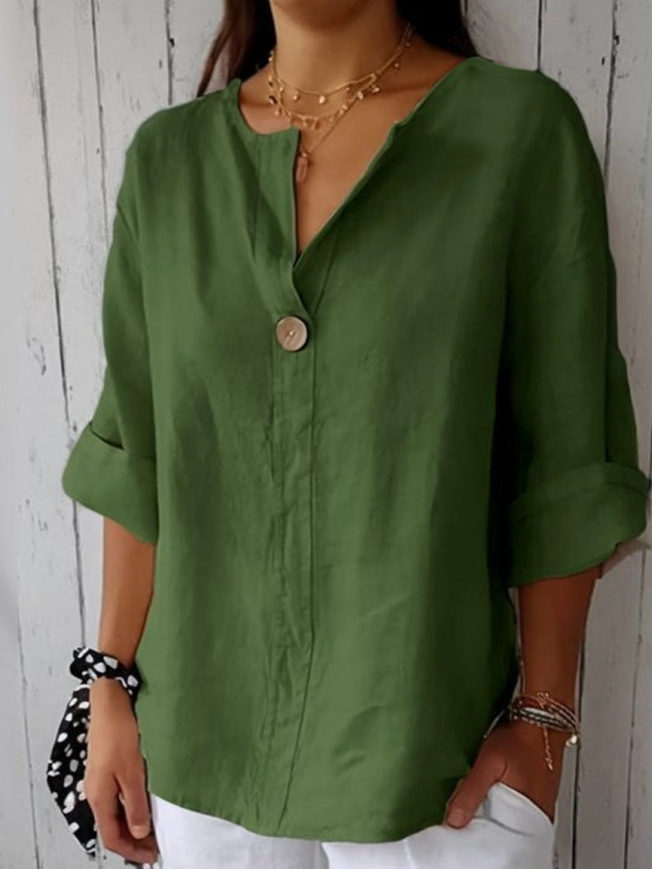 Damen V-Ausschnitt Bluse mit 3/4-Ärmeln lockere Passform Knopfdetail - Green