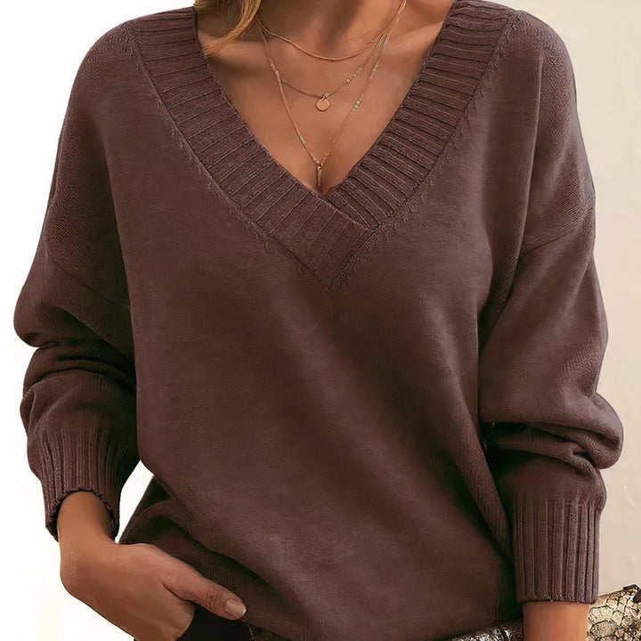 Damen V-Ausschnitt Kaschmir-Blend Langarm Sweater - Rotbraun
