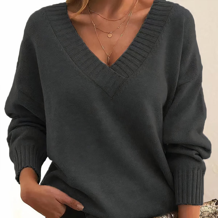 Damen V-Ausschnitt Kaschmir-Blend Langarm Sweater - Dunkelgrau