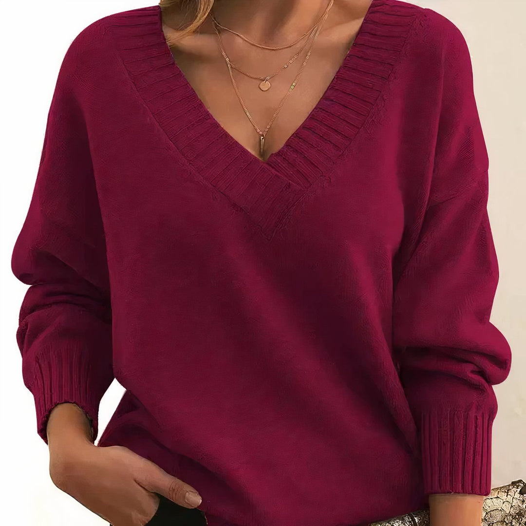 Damen V-Ausschnitt Kaschmir-Blend Langarm Sweater - Rot