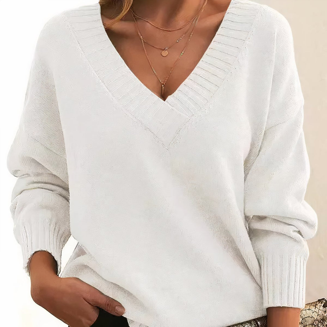 Damen V-Ausschnitt Kaschmir-Blend Langarm Sweater - Weiß