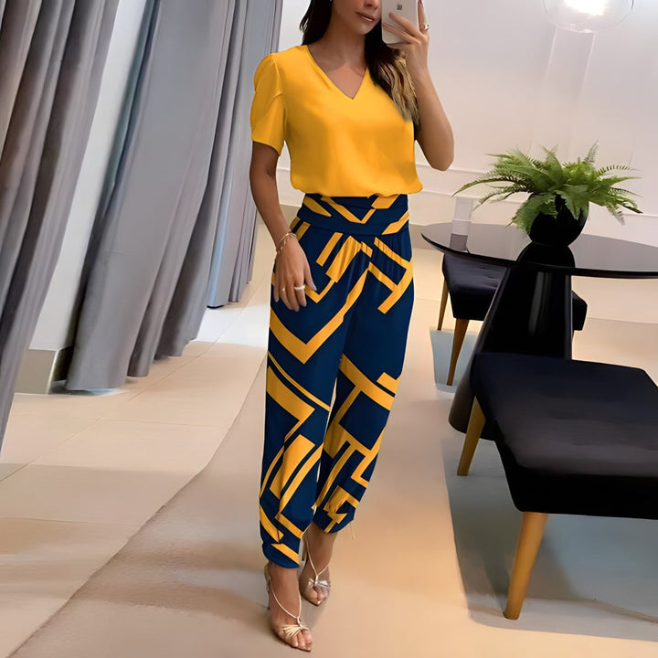 Damen V-Ausschnitt Kurzarm Two-Piece Set mit weiten Beinen - Yellow