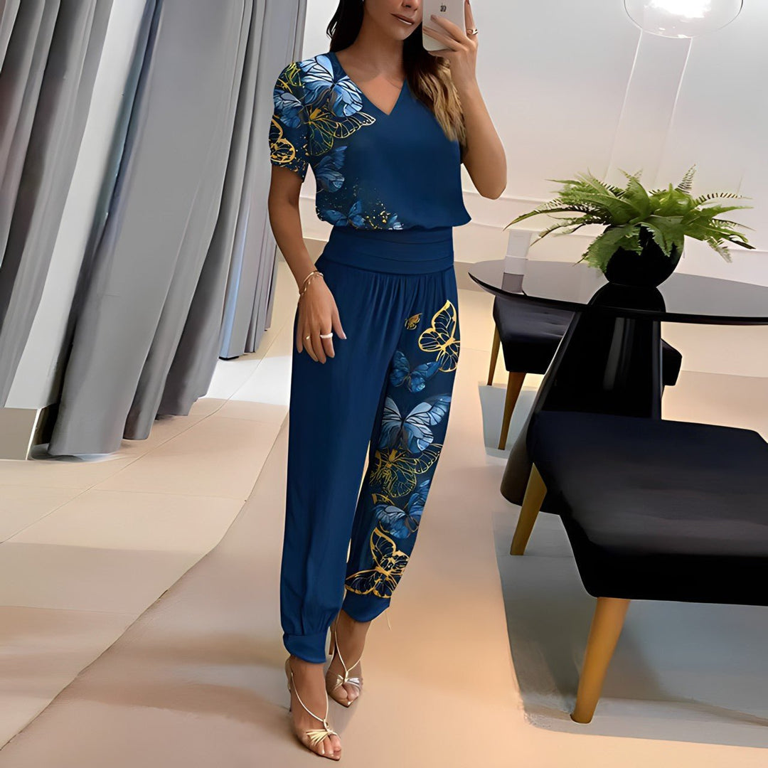Damen V-Ausschnitt Kurzarm Two-Piece Set mit weiten Beinen - Blue