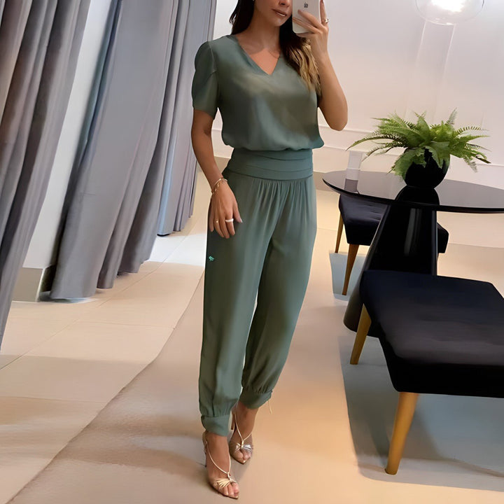 Damen V-Ausschnitt Kurzarm Two-Piece Set mit weiten Beinen - Olive Green