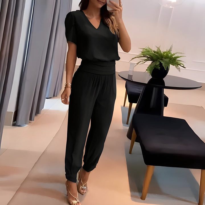Damen V-Ausschnitt Kurzarm Two-Piece Set mit weiten Beinen - Black