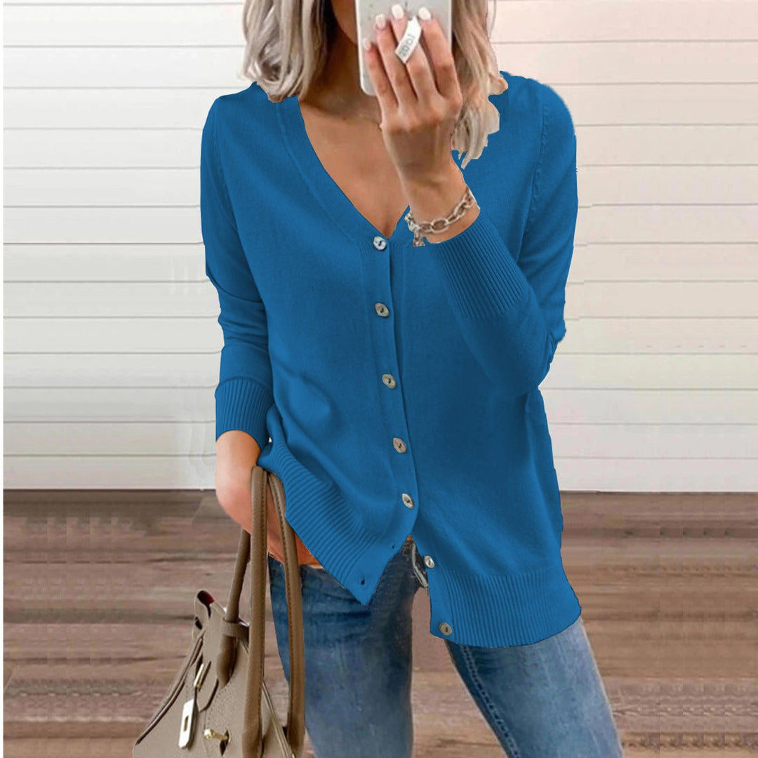Damen V-Ausschnitt Strickjacke Cardigan mit Knopfleiste - Blau