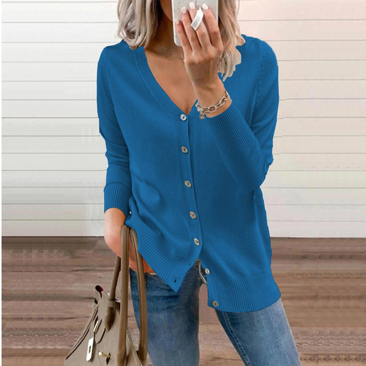 Damen V-Ausschnitt Strickjacke Cardigan mit Knopfleiste - Blau