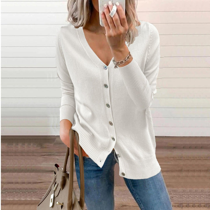 Damen V-Ausschnitt Strickjacke Cardigan mit Knopfleiste - Weiß