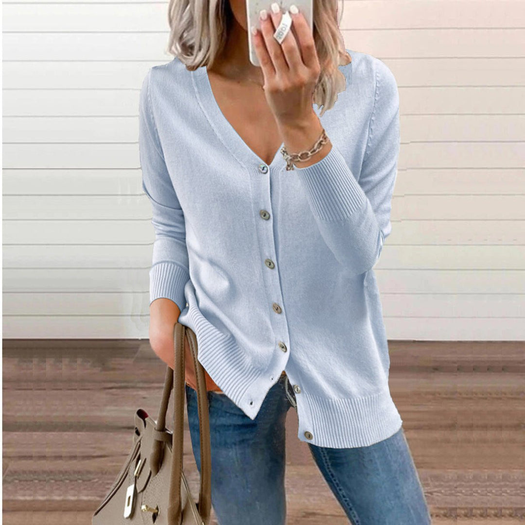 Damen V-Ausschnitt Strickjacke Cardigan mit Knopfleiste - Himmelblau