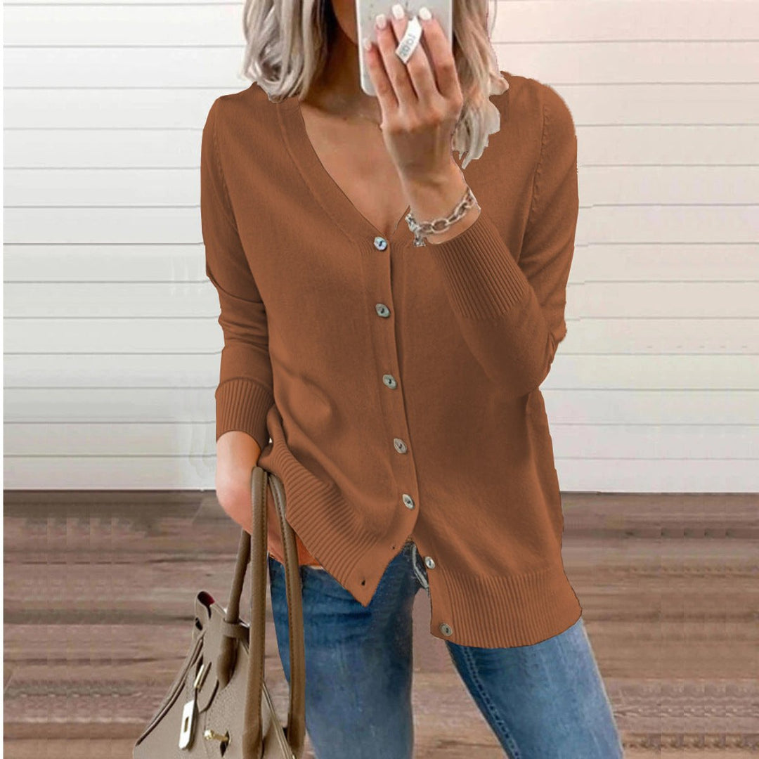 Damen V-Ausschnitt Strickjacke Cardigan mit Knopfleiste - Braun