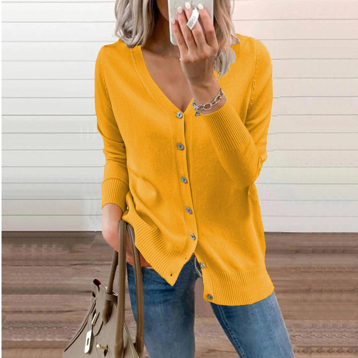Damen V-Ausschnitt Strickjacke Cardigan mit Knopfleiste - Gelb