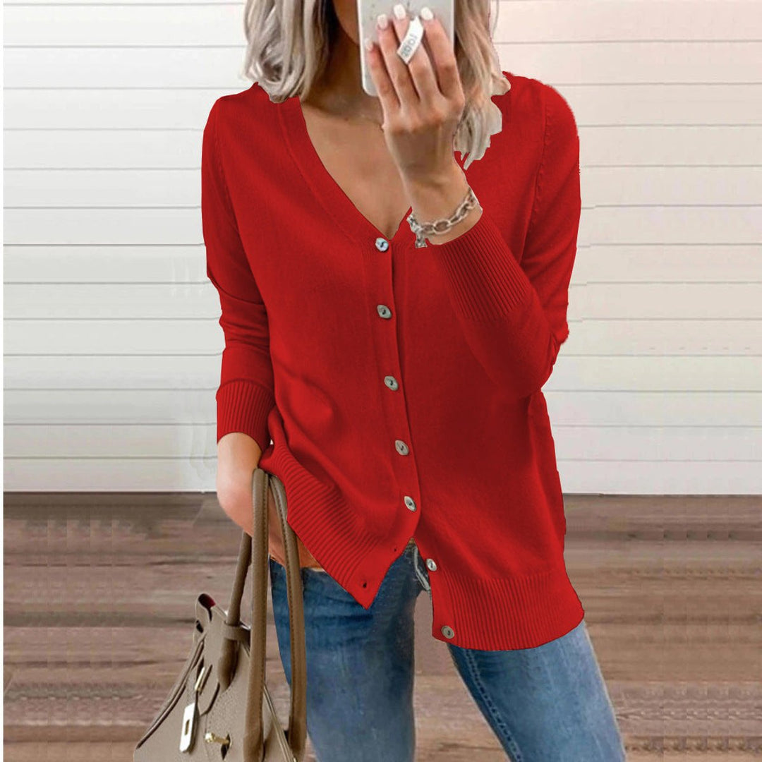 Damen V-Ausschnitt Strickjacke Cardigan mit Knopfleiste - Rot