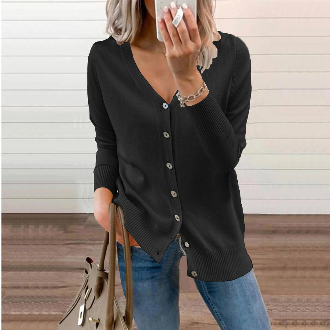 Damen V-Ausschnitt Strickjacke Cardigan mit Knopfleiste - Schwarz