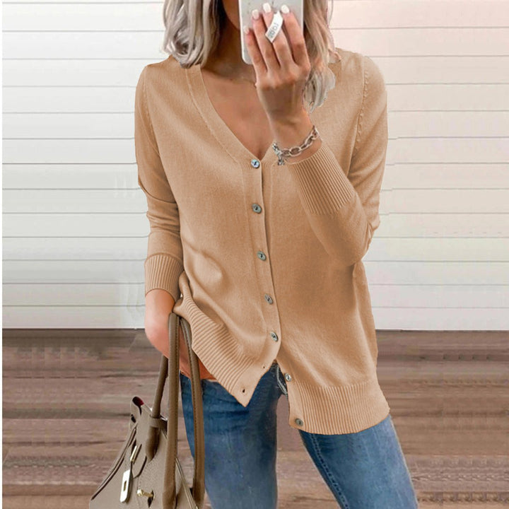 Damen V-Ausschnitt Strickjacke Cardigan mit Knopfleiste - Camel