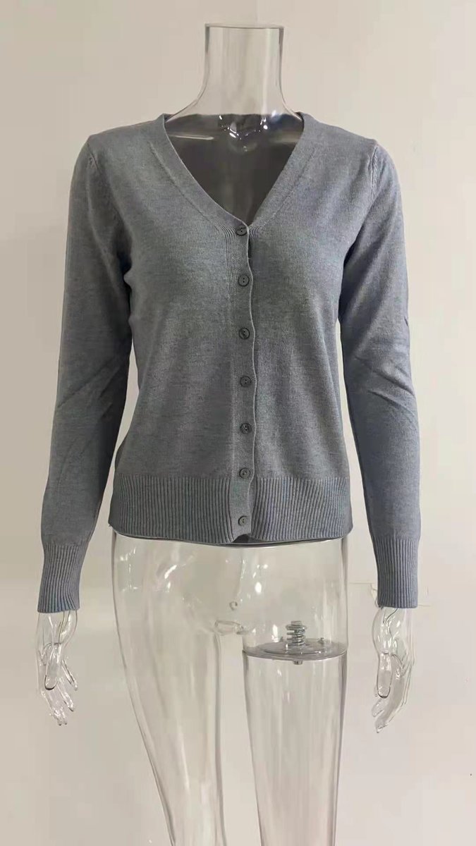 Damen V-Ausschnitt Strickjacke Cardigan mit Knopfleiste - Grau