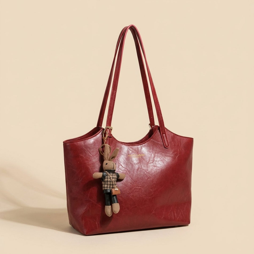 Damen Veganleder Tote Bag mit Plüsch-Anhänger Schultertasche