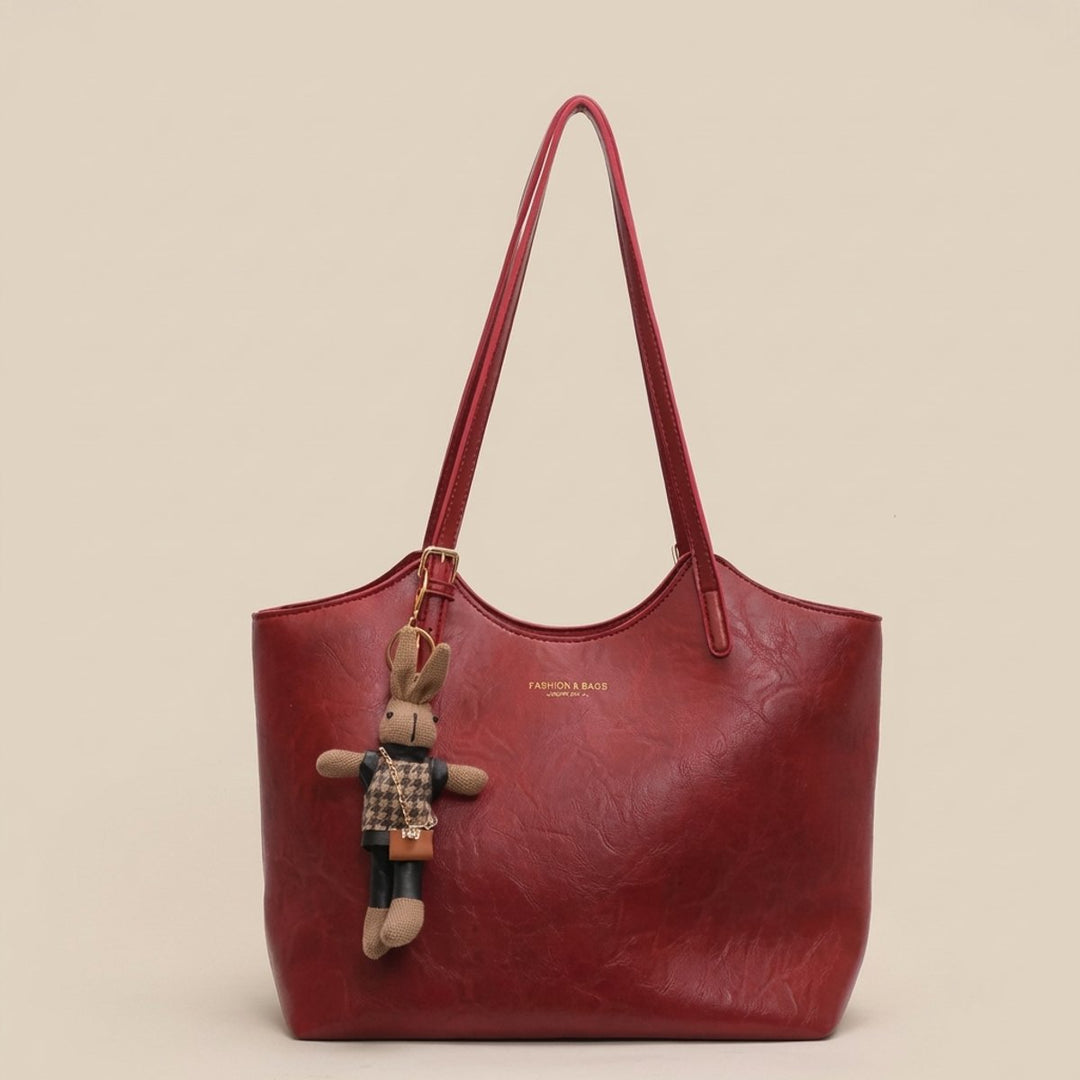 Damen Veganleder Tote Bag mit Plüsch-Anhänger Schultertasche - Rot