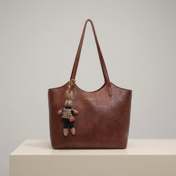 Damen Veganleder Tote Bag mit Plüsch-Anhänger Schultertasche - Braun