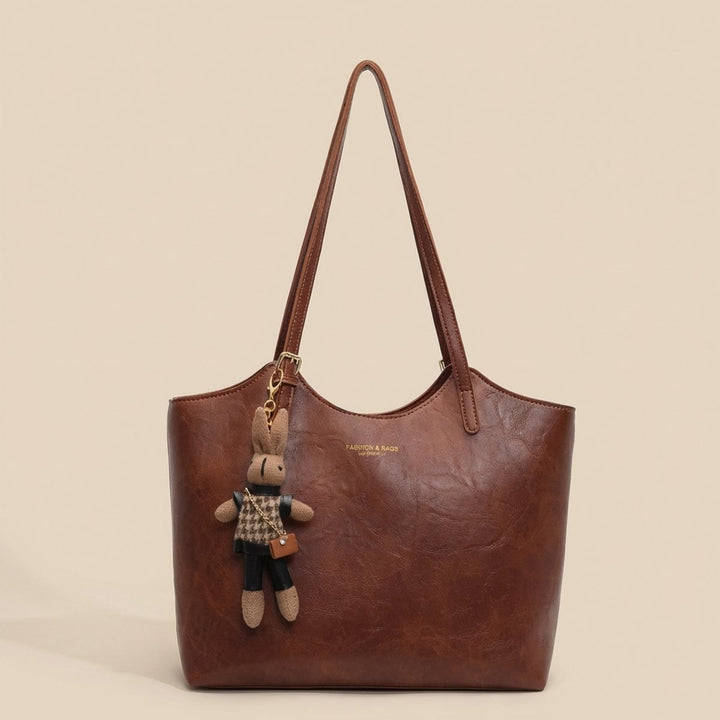 Damen Veganleder Tote Bag mit Plüsch-Anhänger Schultertasche