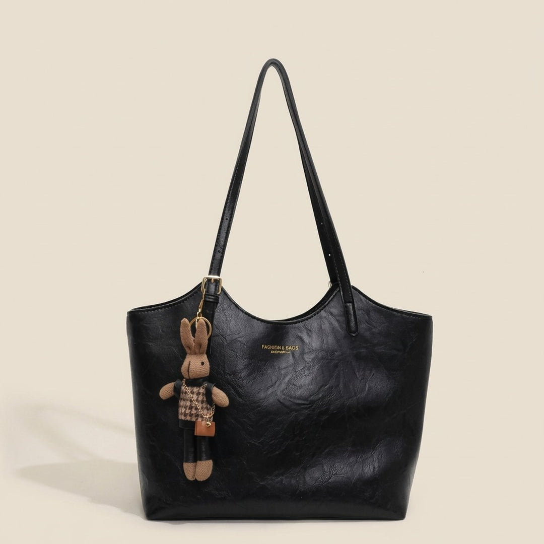 Damen Veganleder Tote Bag mit Plüsch-Anhänger Schultertasche