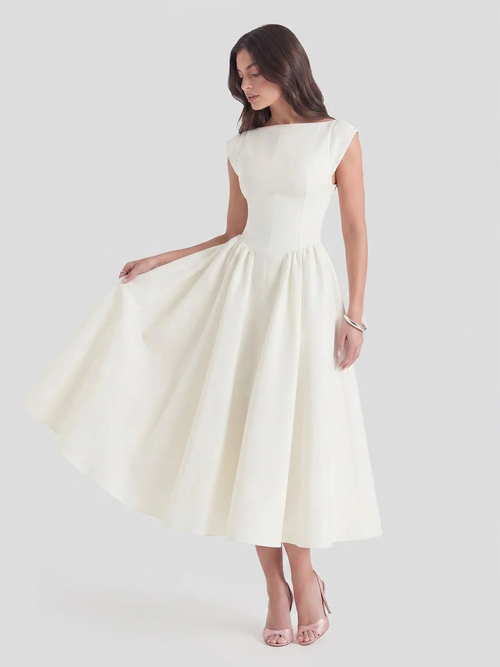 Damen Vintage Bateau-Ausschnitt Satin Midi Kleid mit Tellerrock