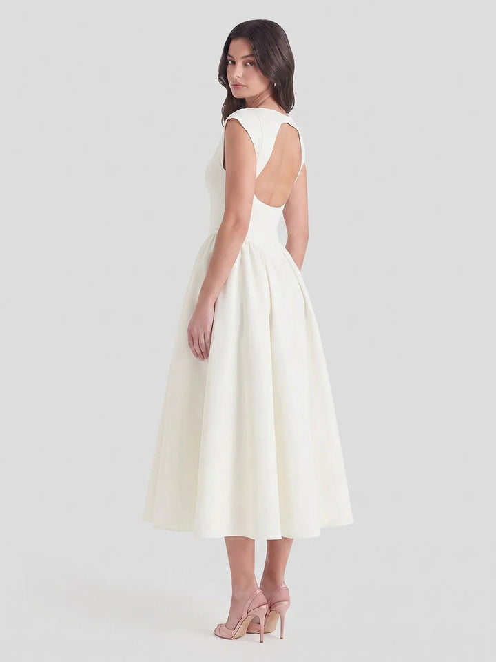 Damen Vintage Bateau-Ausschnitt Satin Midi Kleid mit Tellerrock
