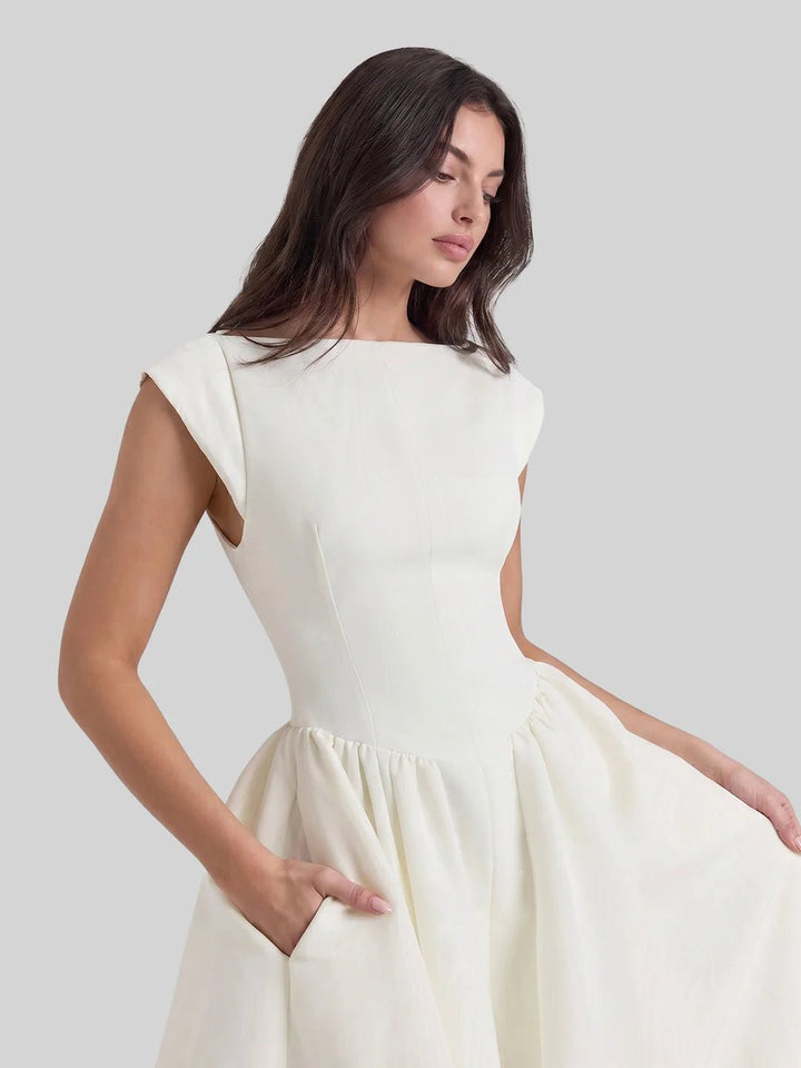 Damen Vintage Bateau-Ausschnitt Satin Midi Kleid mit Tellerrock