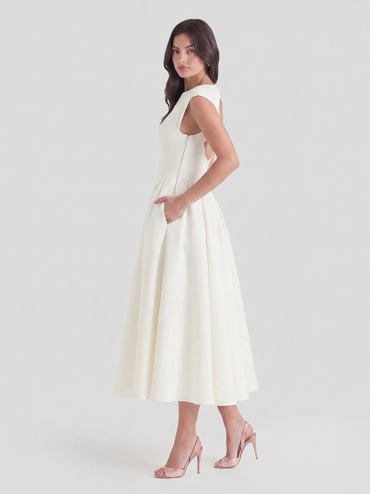 Damen Vintage Bateau-Ausschnitt Satin Midi Kleid mit Tellerrock