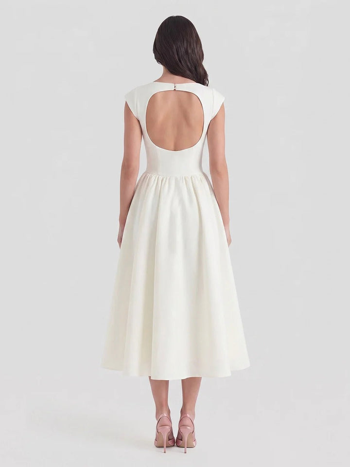 Damen Vintage Bateau-Ausschnitt Satin Midi Kleid mit Tellerrock