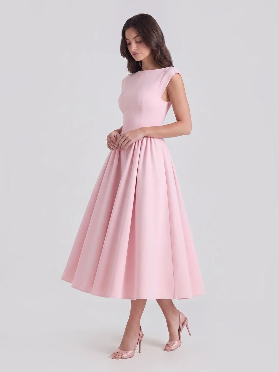 Damen Vintage Bateau-Ausschnitt Satin Midi Kleid mit Tellerrock - Soft Pink