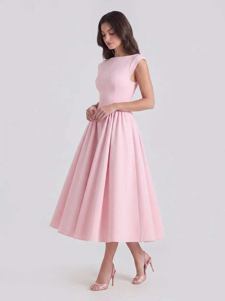 Damen Vintage Bateau-Ausschnitt Satin Midi Kleid mit Tellerrock - Soft Pink