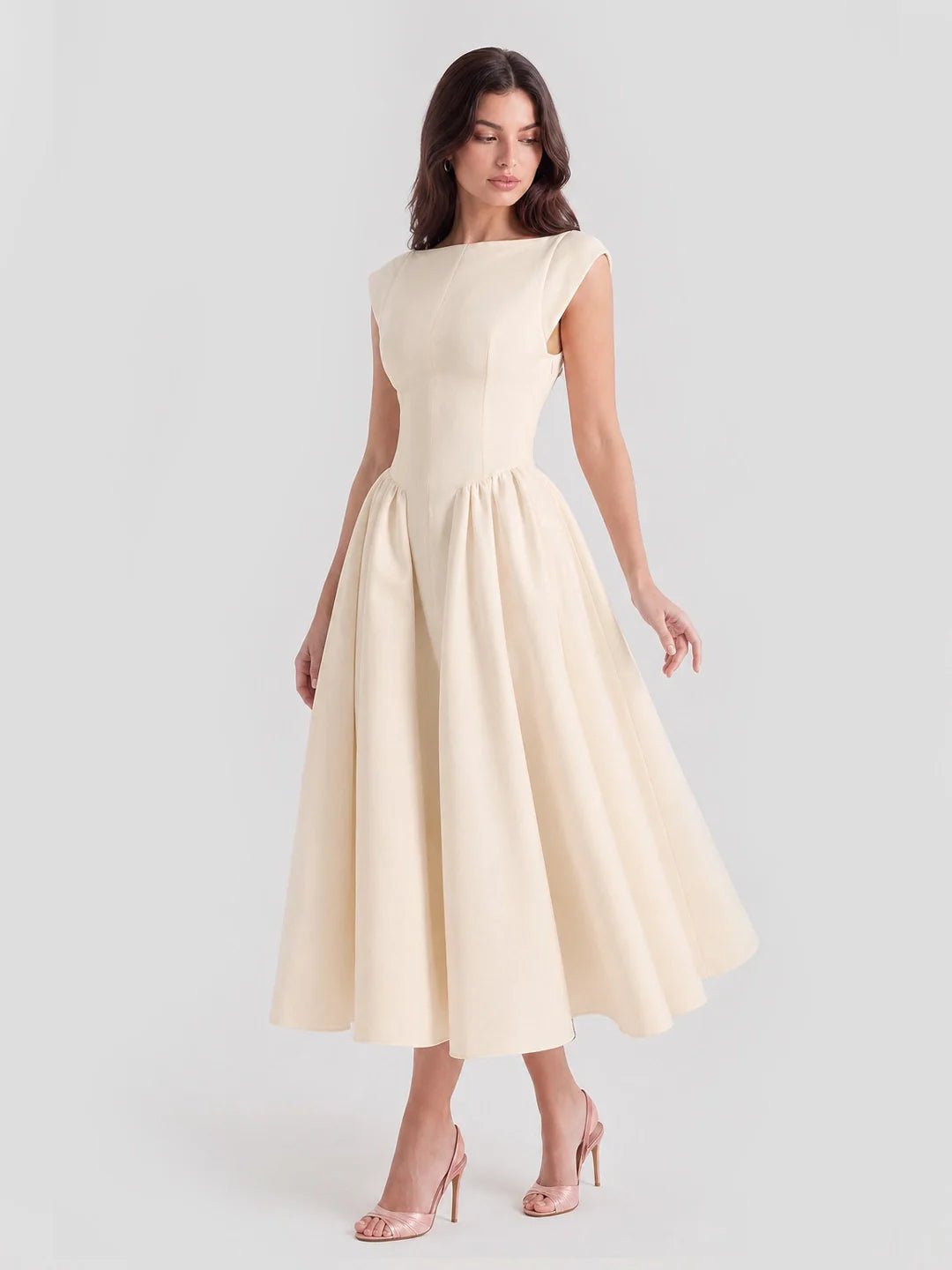 Damen Vintage Bateau-Ausschnitt Satin Midi Kleid mit Tellerrock - Beige