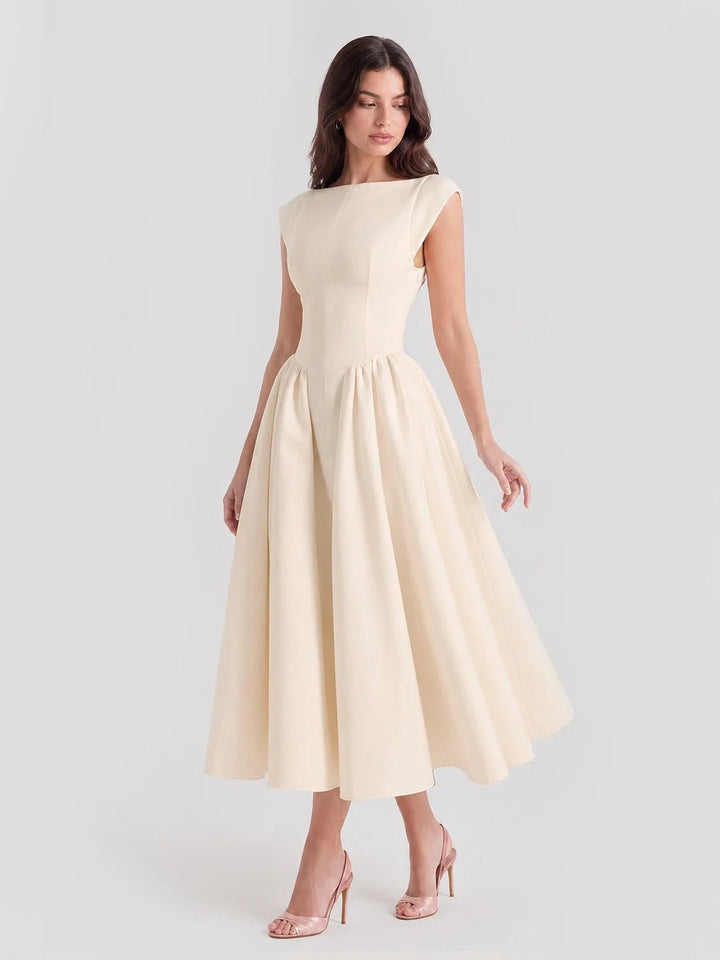 Damen Vintage Bateau-Ausschnitt Satin Midi Kleid mit Tellerrock - Beige