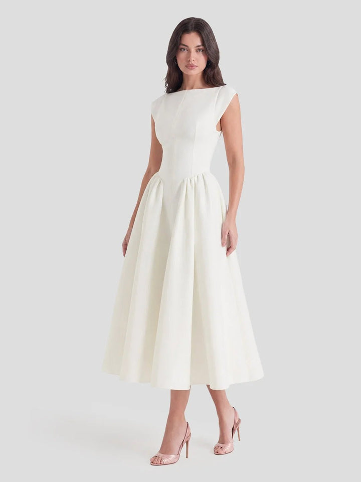 Damen Vintage Bateau-Ausschnitt Satin Midi Kleid mit Tellerrock - Ivory