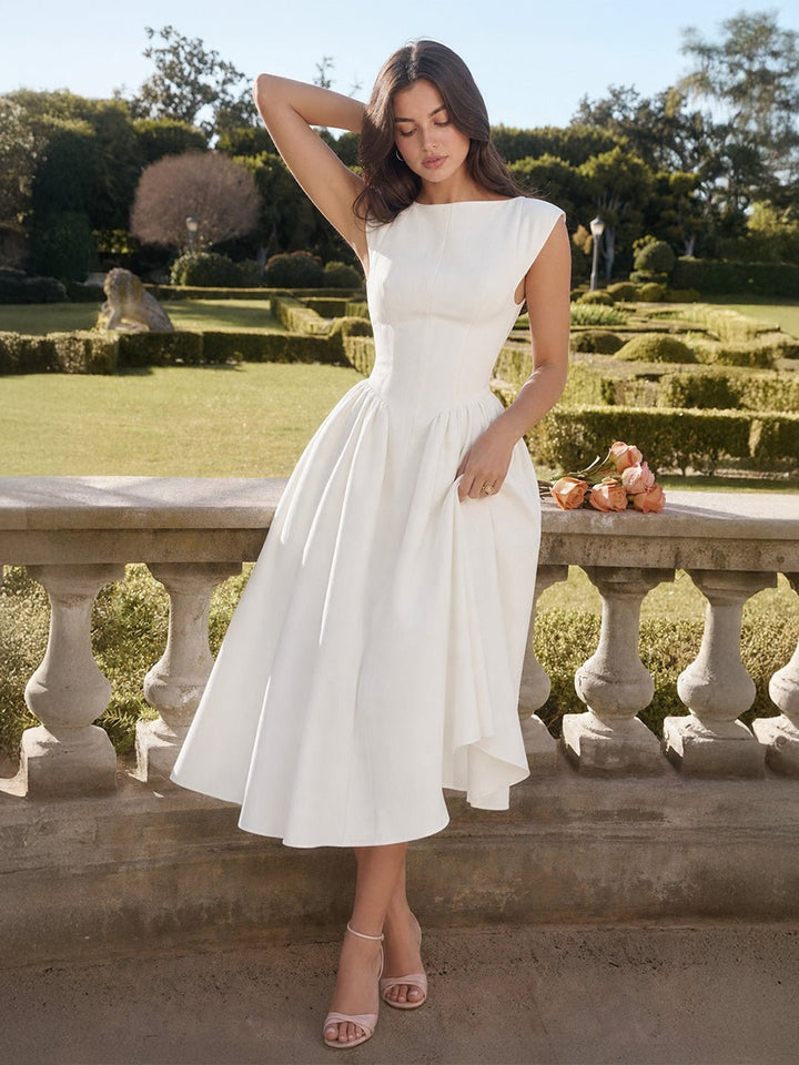 Damen Vintage Bateau-Ausschnitt Satin Midi Kleid mit Tellerrock