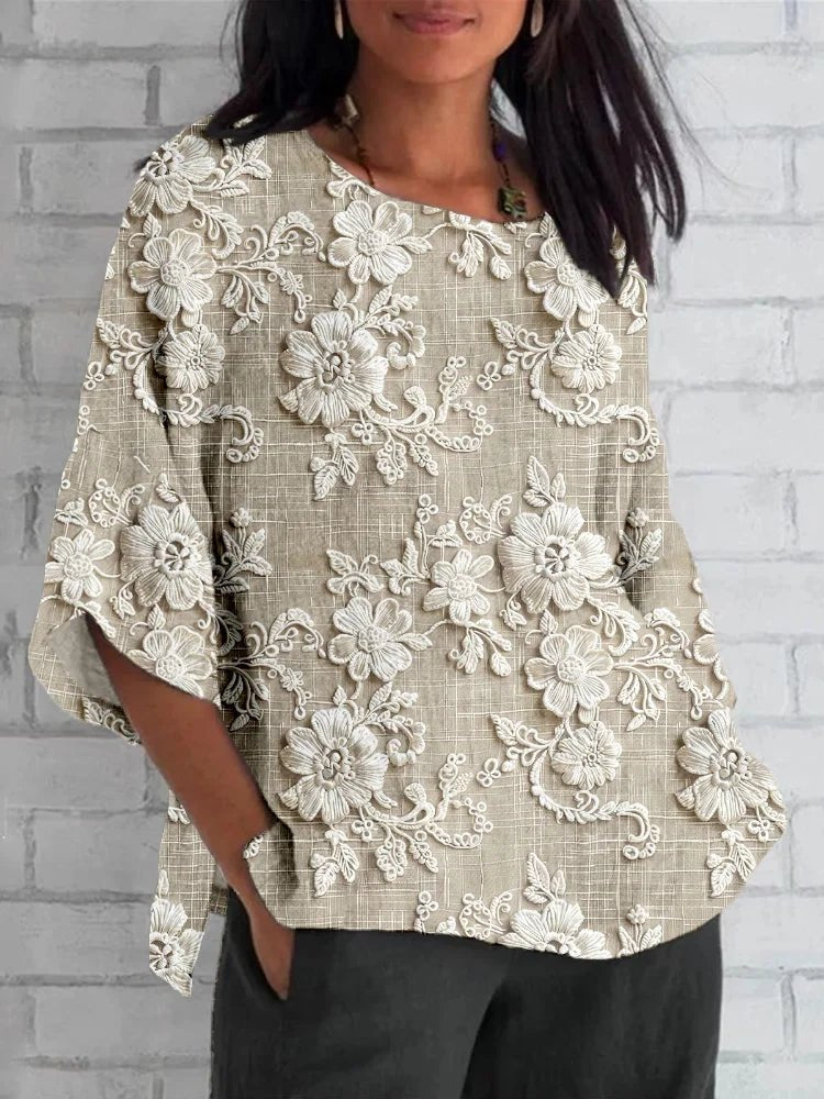 Damen Vintage Blumen Langarm Locker Bluse - Khaki