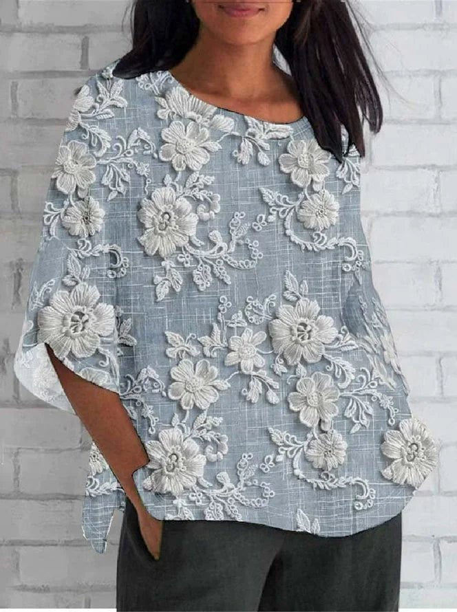 Damen Vintage Blumen Langarm Locker Bluse - Blue