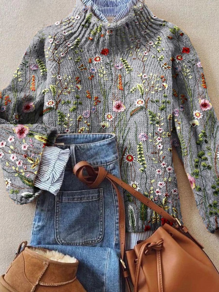 Damen Vintage Blumen Stehkragen Turtleneck Sweater Strickpullover - Mehrfarbig