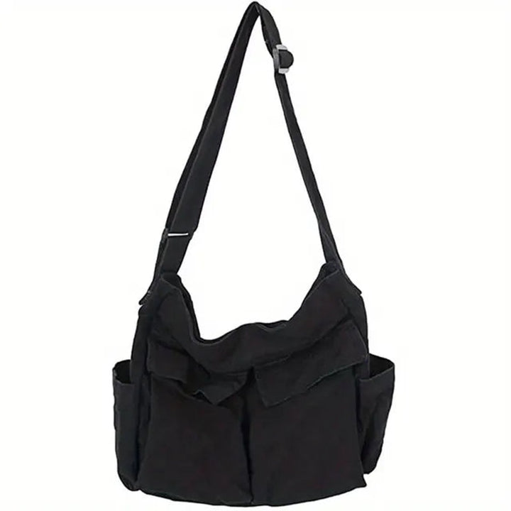 Damen Vintage Canvas Tote Bag Umhängetasche mit Reißverschluss - Schwarz