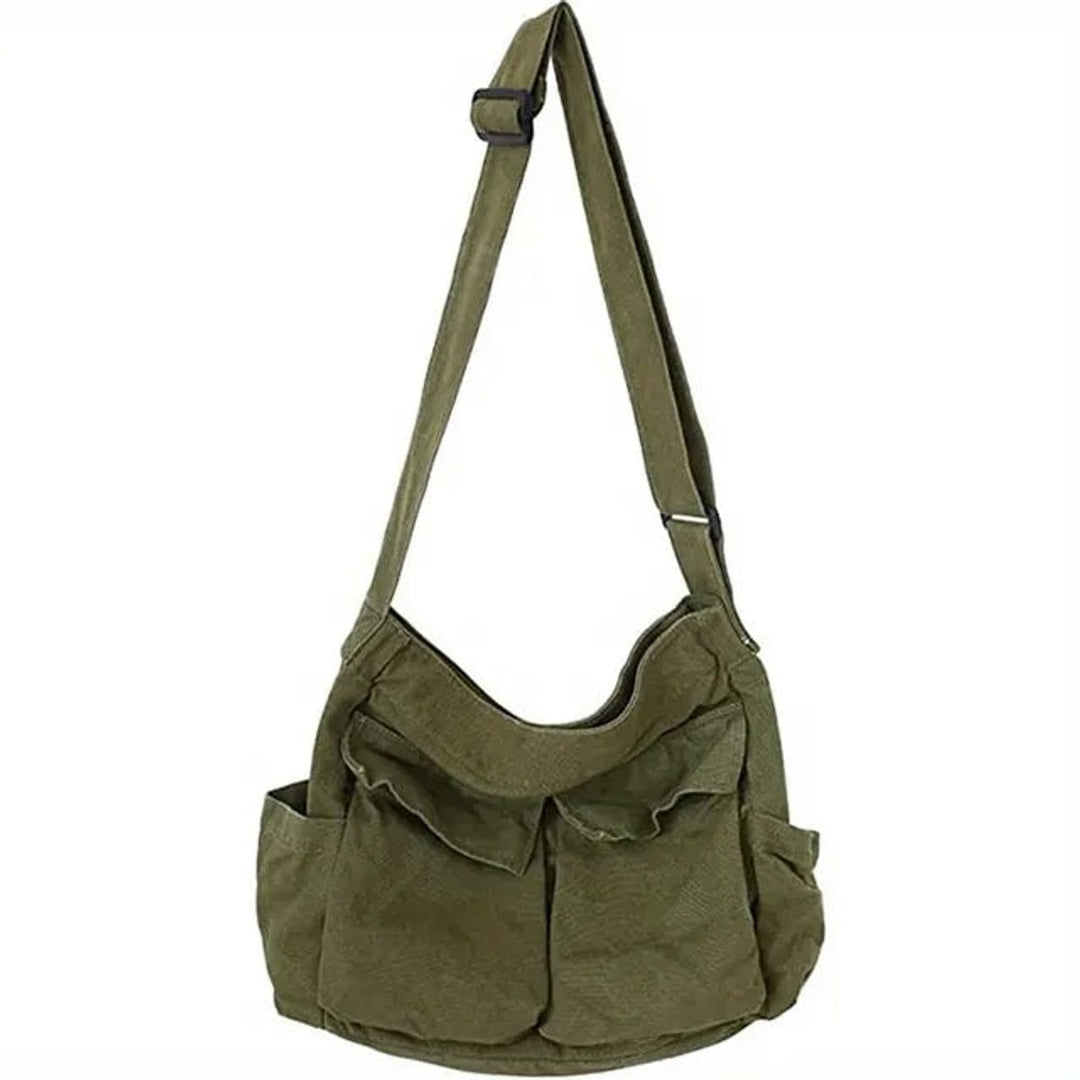 Damen Vintage Canvas Tote Bag Umhängetasche mit Reißverschluss - Armeegrün