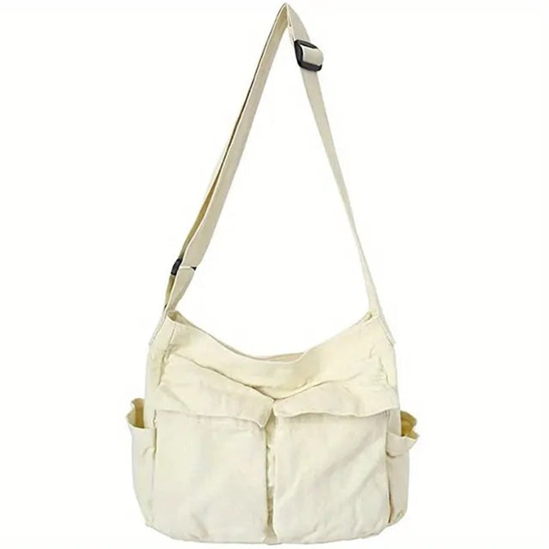 Damen Vintage Canvas Tote Bag Umhängetasche mit Reißverschluss - Weiß