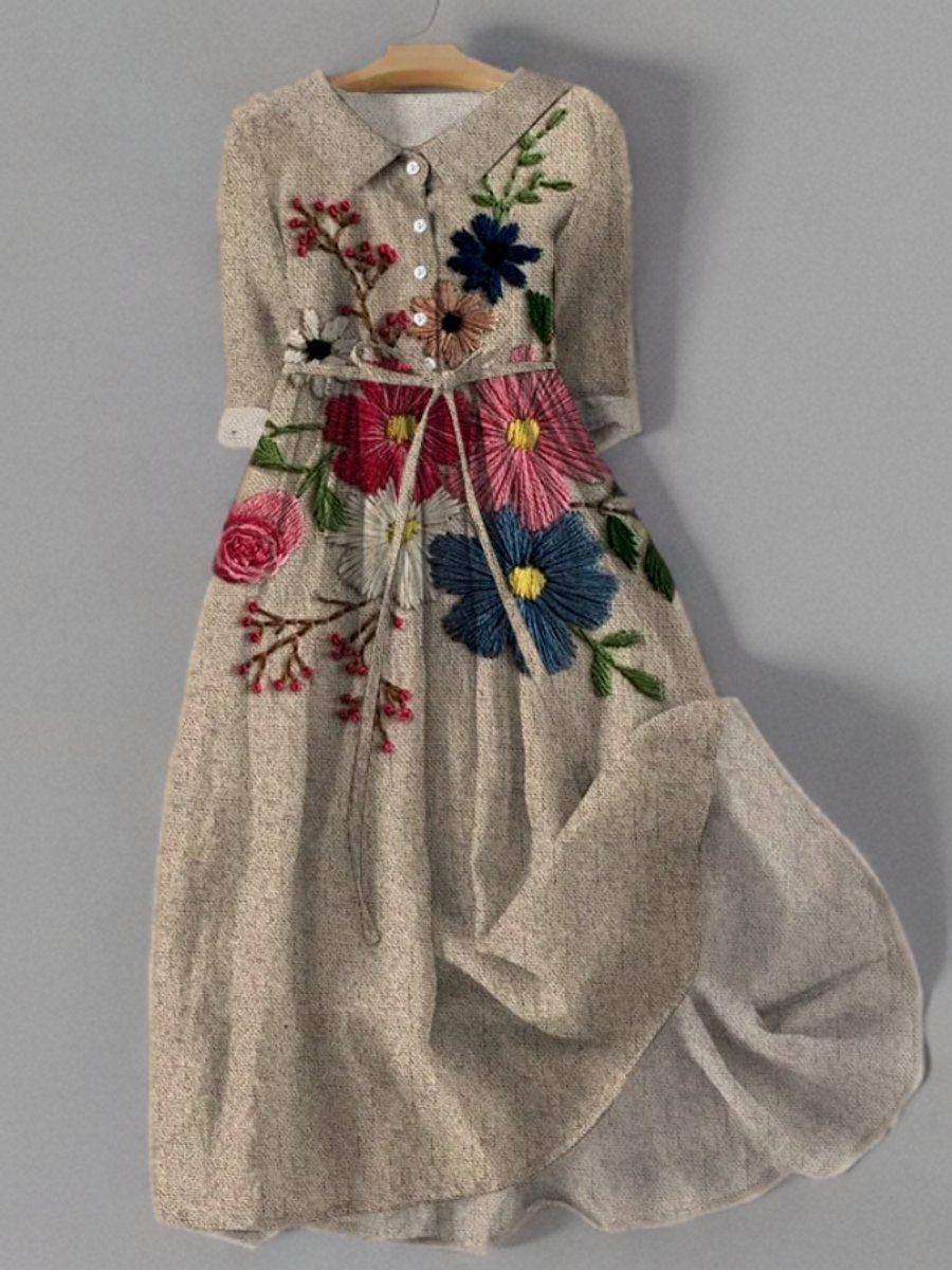 Damen Vintage Langarmkleid Botanische Stickerei Midikleid Taschen - Wie Abgebildet