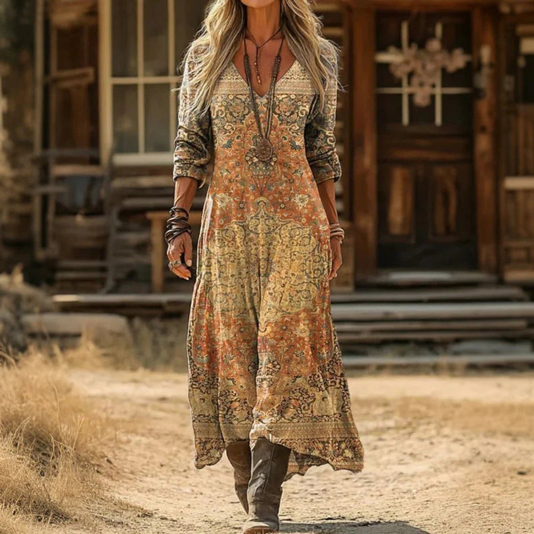 Damen Vintage Langarmkleid mit V-Ausschnitt fließend leicht - Gelb