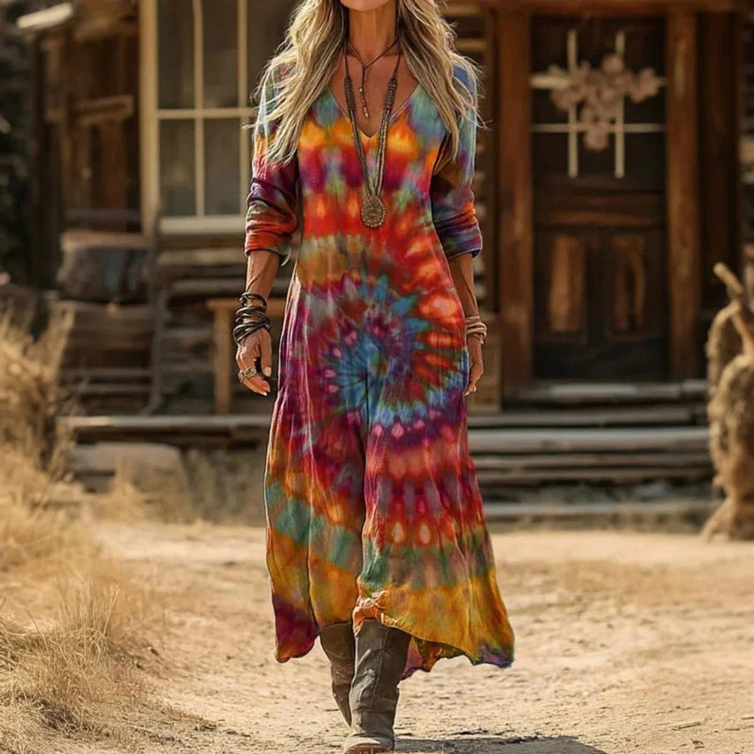 Damen Vintage Langarmkleid mit V-Ausschnitt fließend leicht - Mehrfarbig