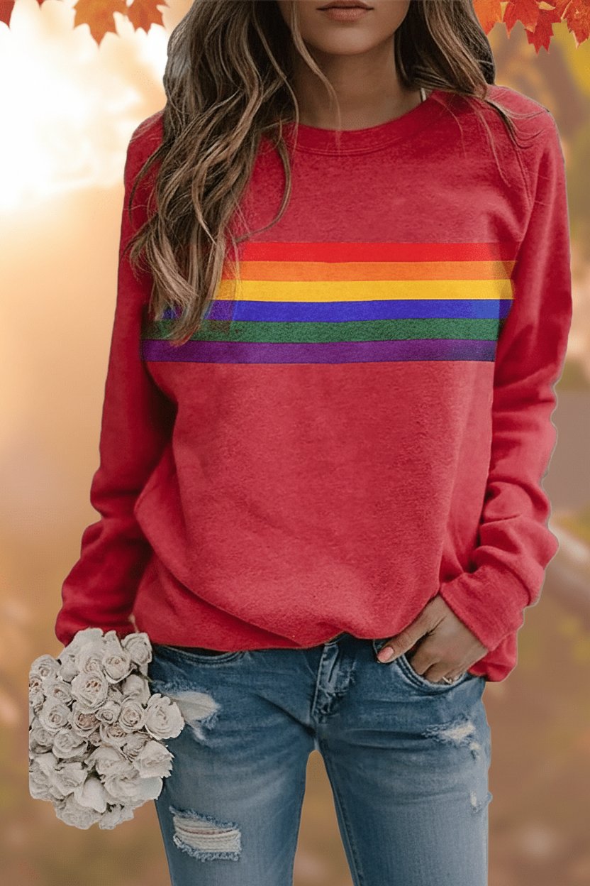 Damen Vintage Regenbogen-Gestreiftes Langarm-Sweatshirt Rundhals - Red