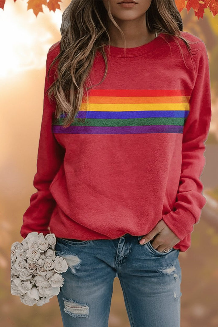 Damen Vintage Regenbogen-Gestreiftes Langarm-Sweatshirt Rundhals - Red